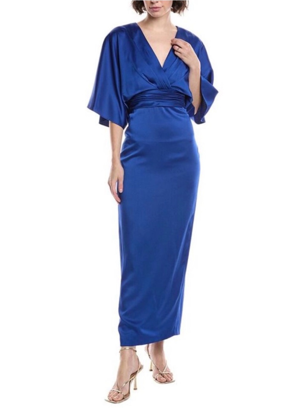 THEIA Size 4 Royal Blue Formal Maxi Dress Draped Sleeve Ruched Waist